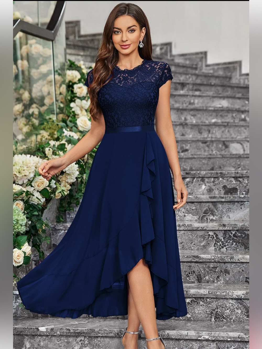 Miusol Plus Size Navy Lace High-Low Ruffle Midi Dress-NWT. Retail 80